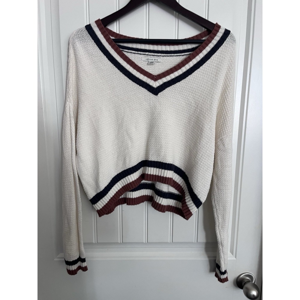 American Eagle Womens S White Cropped Pullover Sweater Deep V Neck Preppy 454‎